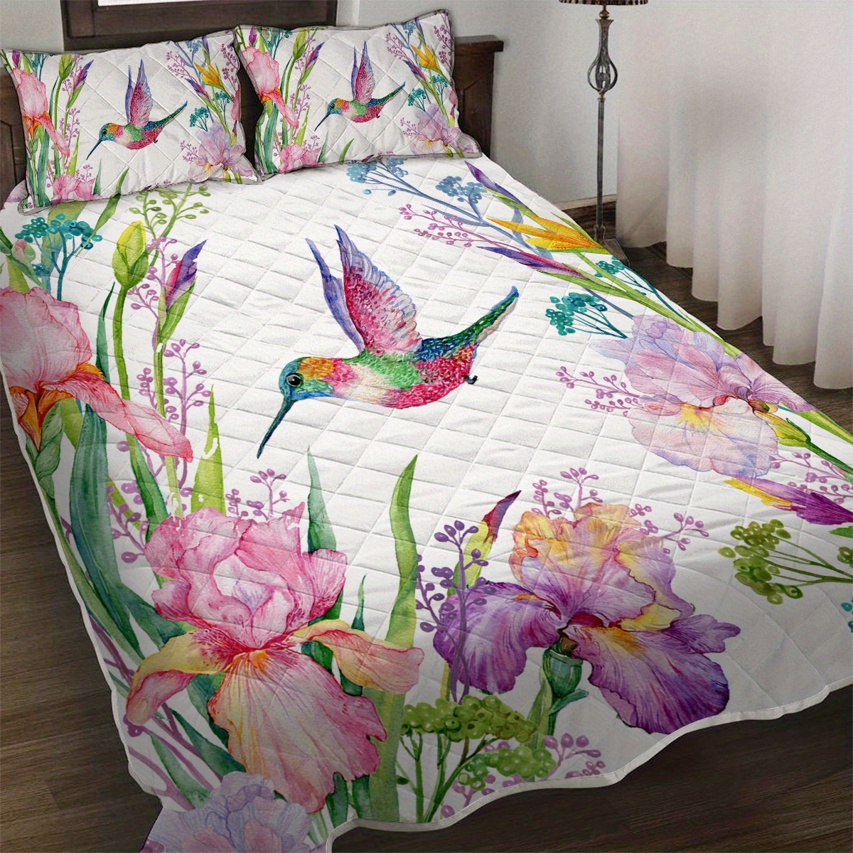 3pcs vibrant floral hummingbird bedding set hypoallergenic ultra soft microfiber duvet cover 2 pillowcases in green fade resistant with quilted stitching for a cozy nature inspired bed accessories details 0